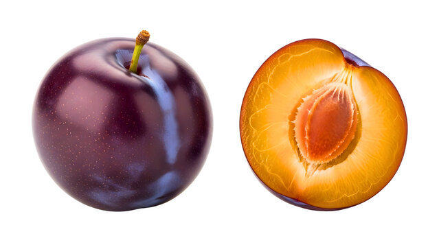 Fresh plum halved, juicy fruit for healthy eating and vibrant summer vibes
