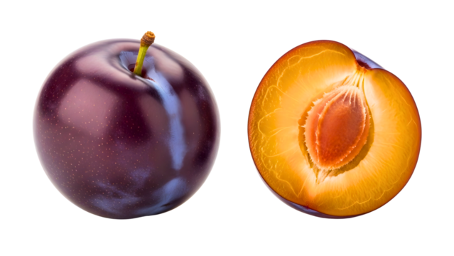 Fresh plum halved, juicy fruit for healthy eating and vibrant summer vibes
