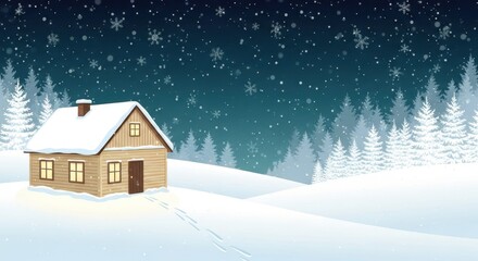Fototapeta premium Winter cabin scene with falling snow and a cozy, inviting atmosphere