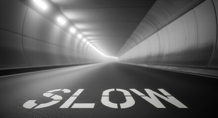 Tunnel Perspective With White Signage, Emphasizing Alertness and Safe Driving On Road
