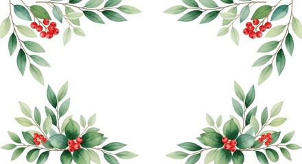 Watercolor floral arrangement with red berries and green leaves on white background