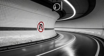 Tunnel Roadway: Monochrome Interior With Guiding Lights And Directional Road Signs
