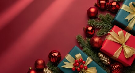 Christmas gifts and decorations on a festive red background with copy space