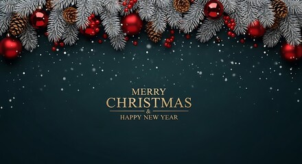 Elegant christmas background with red ornaments and snowy pine branches