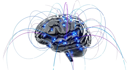 A stylized metallic brain with glowing blue lights and numerous colored lines representing neural connections and complex thought processes.