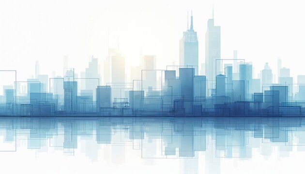Blue city skyline design with buildings, skyscrapers. Urban architecture blueprint. Modern town panorama with reflection. Business presentation background about construction, real estate development