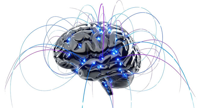A stylized metallic brain with glowing blue lights and numerous colored lines representing neural connections and complex thought processes.