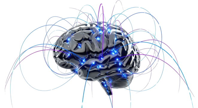 A stylized metallic brain with glowing blue lights and numerous colored lines representing neural connections and complex thought processes.