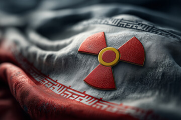 Iran national flag intertwined with nuclear danger symbol expressing tension