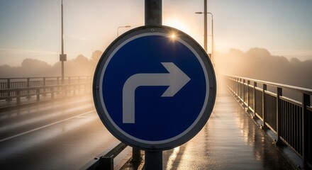 Turn Right Sign Illuminated By Sunrise On Bridge With Misty Atmosphere