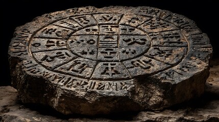 An ancient stone calendar, possibly mayan or aztec, sits in the darkness, its intricate carvings and weathered surface hinting at a rich history and forgotten civilization