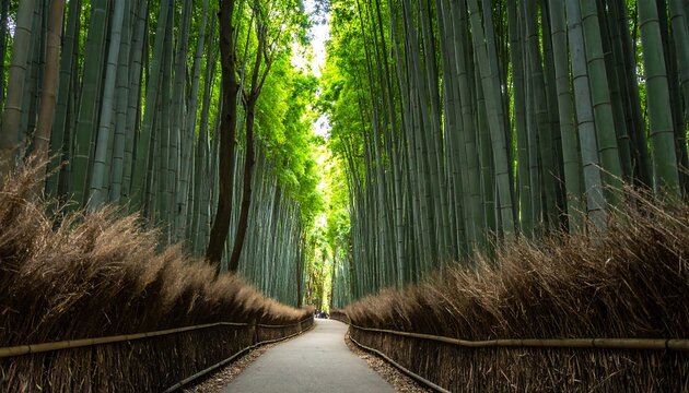 Winding path leads into a dense bamboo forest, tall green stalks reaching upwards towards light