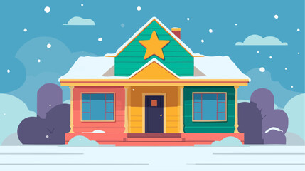 Bright colorful house with star on the roof in snowy landscape, playful minimal illustration for kids products, learning materials and cheerful branding
