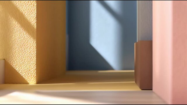 Geometric Serenity: A modern minimalist composition of textured walls and sunlit architectural forms, employing a palette of soft hues to evoke a sense of calm and aesthetic appeal.