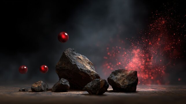 Black rocks fall to the ground, with red particles of light and red glowing balls floating in the air. The background is dark and blurry.
 - Powered by Adobe
