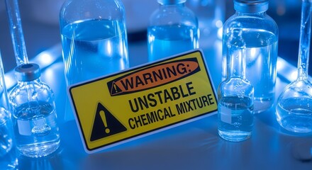 Unstable Chemical Mixture Displayed At Laboratory, With Glassware And Warning Sign