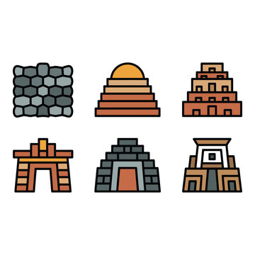 Collection of ancient stone buildings and structures in a flat design style