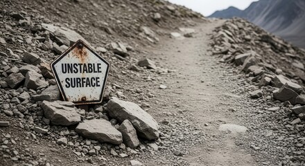 Unstable Ground Warning Sign on a Rocky and Eroded Mountain Trail For Safety