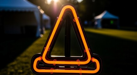 Vibrant Illuminated Warning Sign: A Glowing Triangle Sign in Natural Outdoor Backdrop