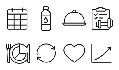 Minimalistic fitness and nutrition icons set on dark background