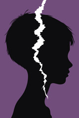 Silhouette of a child’s head split down the middle, symbolizing emotional trauma, inner conflict, and psychological fragmentation. Minimalist, impactful mental health artwork.