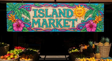 Vibrant Island Market Signage: Artful Sign Depicting Exotic Fruits and Blooming Flora Display