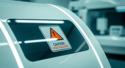 Fototapeta premium Warning Sign Indicating High Voltage Danger Placed On A Modern Futuristic Device Design