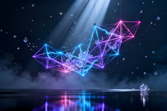 Dynamic neon geometric structure with glowing fragments, reflecting on a misty surface in a futuristic dark environment. - Powered by Adobe
