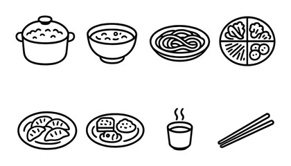 Simple doodles of asian food: rice, noodles, dumplings, tea, and chopsticks