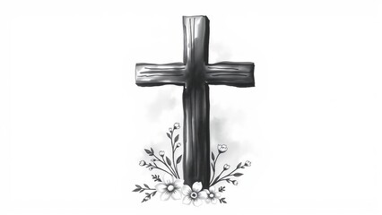 Minimalist sympathy card design with charcoal drawn cross and flowers, wide blank space for personal message on white background.