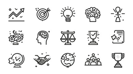 Modern Business and Success Line Icons Set: Strategy, Innovation, Teamwork, Global Growth, Legal & Achievement Symbols