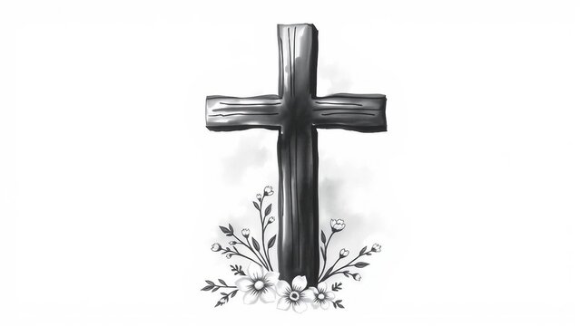 Minimalist sympathy card design with charcoal drawn cross and flowers, wide blank space for personal message on white background.