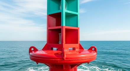 Vibrant Red And Green Navigation Buoy Amidst Tranquil Ocean And Clear Waterscape