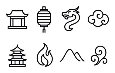 Traditional asian symbols: pagoda, lantern, dragon, cloud, fire, mountain, wind icons on dark background