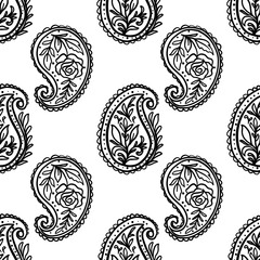 Seamless paisley pattern with rose in outline style