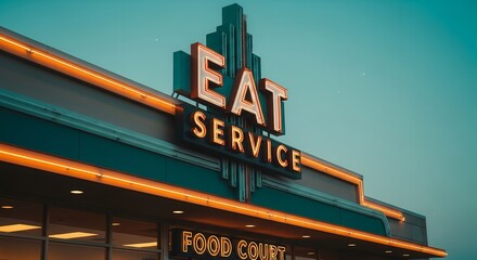 Vintage Restaurant Sign Displays Classic Eat Service Message Above Food Court Entrance