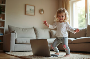 Young child dances happily in front of a laptop screen at home. Little girl enjoys an online class or video call, moving joyfully. Indoor activity for kid.