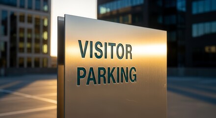 Visitor Parking Sign Against Urban Landscape: A Metallic Emblem of Arrival and Access