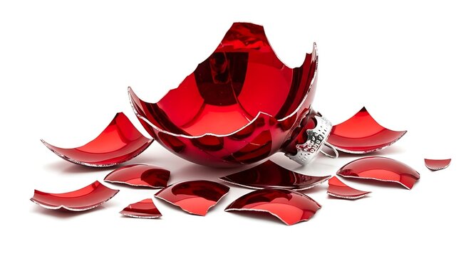 Shattered red christmas ornament, symbolizing fragility, loss, or the end of the holiday season, isolated on white background