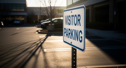 Visitor Parking Sign Near Modern Building in Afternoon Sunlight, Providing Clear Guidance