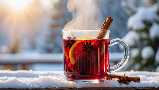 Winter mulled wine drink steaming on snow with forest sunlight