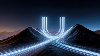 Illuminated Pathway: A luminous letter U hangs amidst majestic mountain peaks and winding pathways, creating a vision of innovation and progress.
