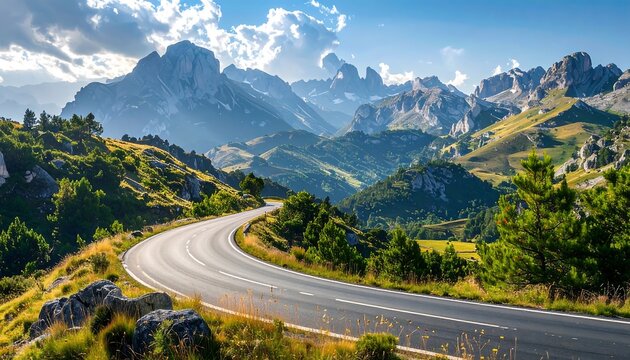 Winding road curves through a mountainous landscape under a partly cloudy sky. Green vegetation and rocky terrain surround the asphalt