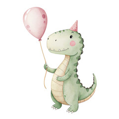 Adorable green dinosaur with party hat and pink balloon in a cute birthday celebration illustration