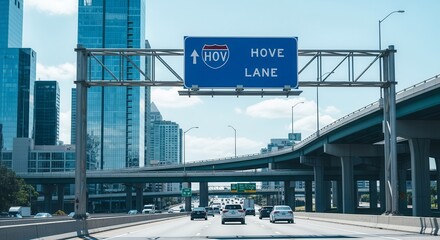 Urban Highway Sign Directing To HOV Lane Amidst Modern City Skyscrapers