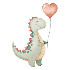 Cute watercolor dinosaur holding a pink heart balloon in playful party style illustration