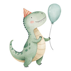 Cute Party Dinosaur with Balloon in Watercolor Style for Kids Decor