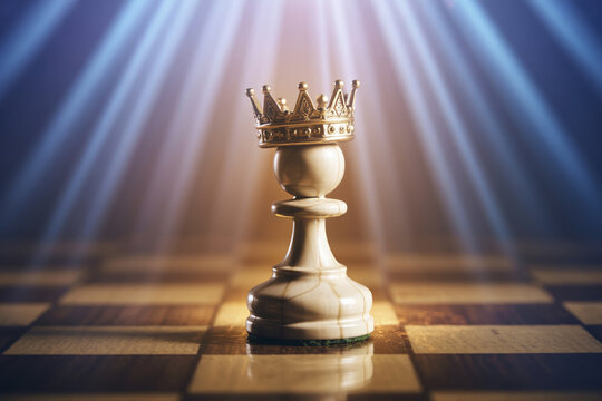 A chess pawn piece with a crown on its head.