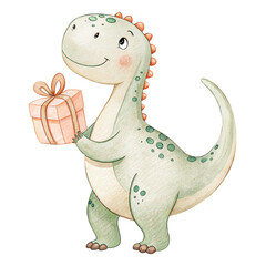Cute green dinosaur with birthday gift in hand, playful party illustration for kids decor © ThemeRage
