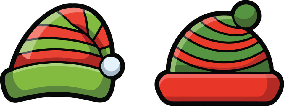 Two striped elf hats in red and green isolated on white background